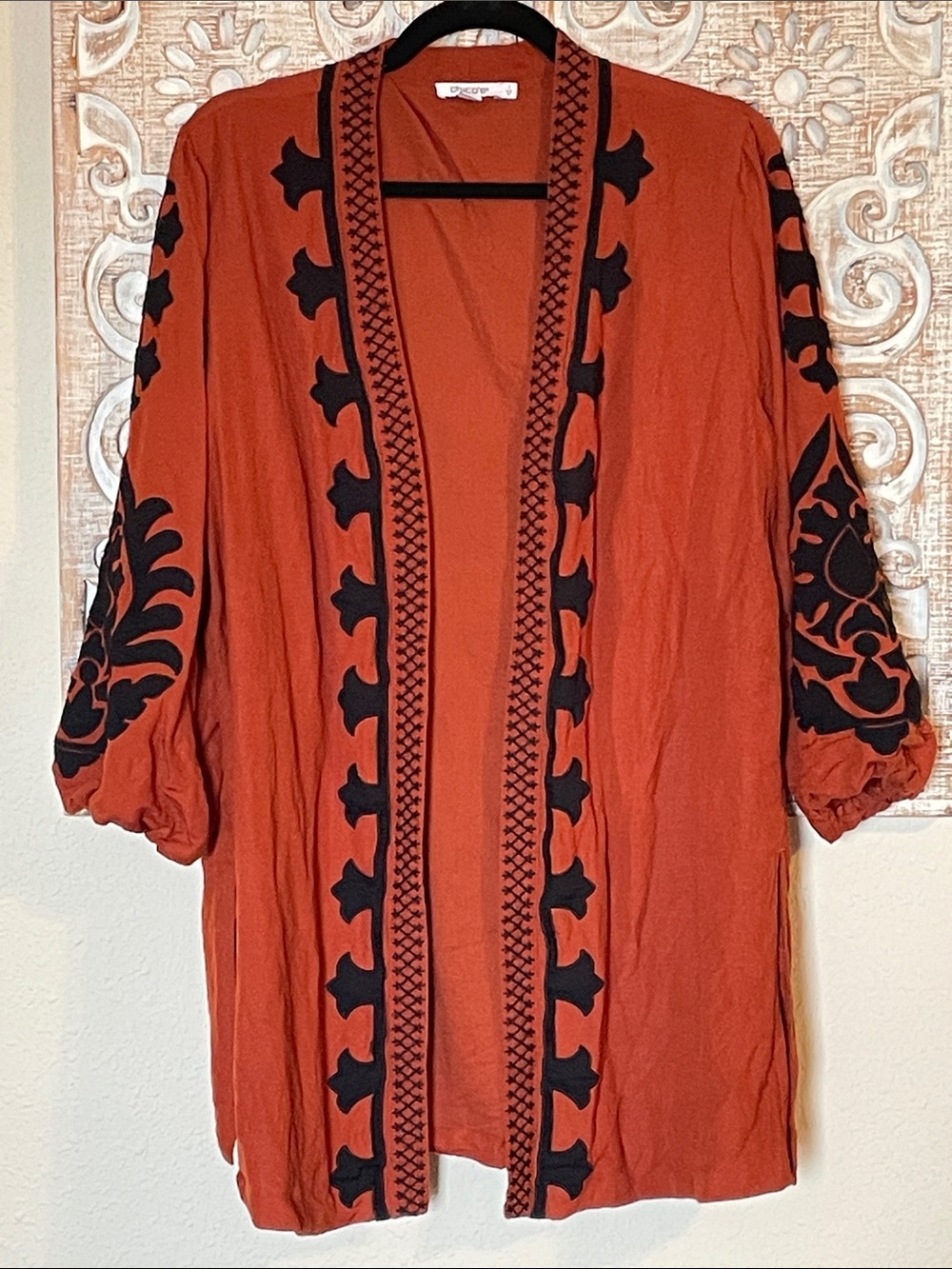 Chico's Rust Open-Front Embroidered Kimono Jacket with Black Accents